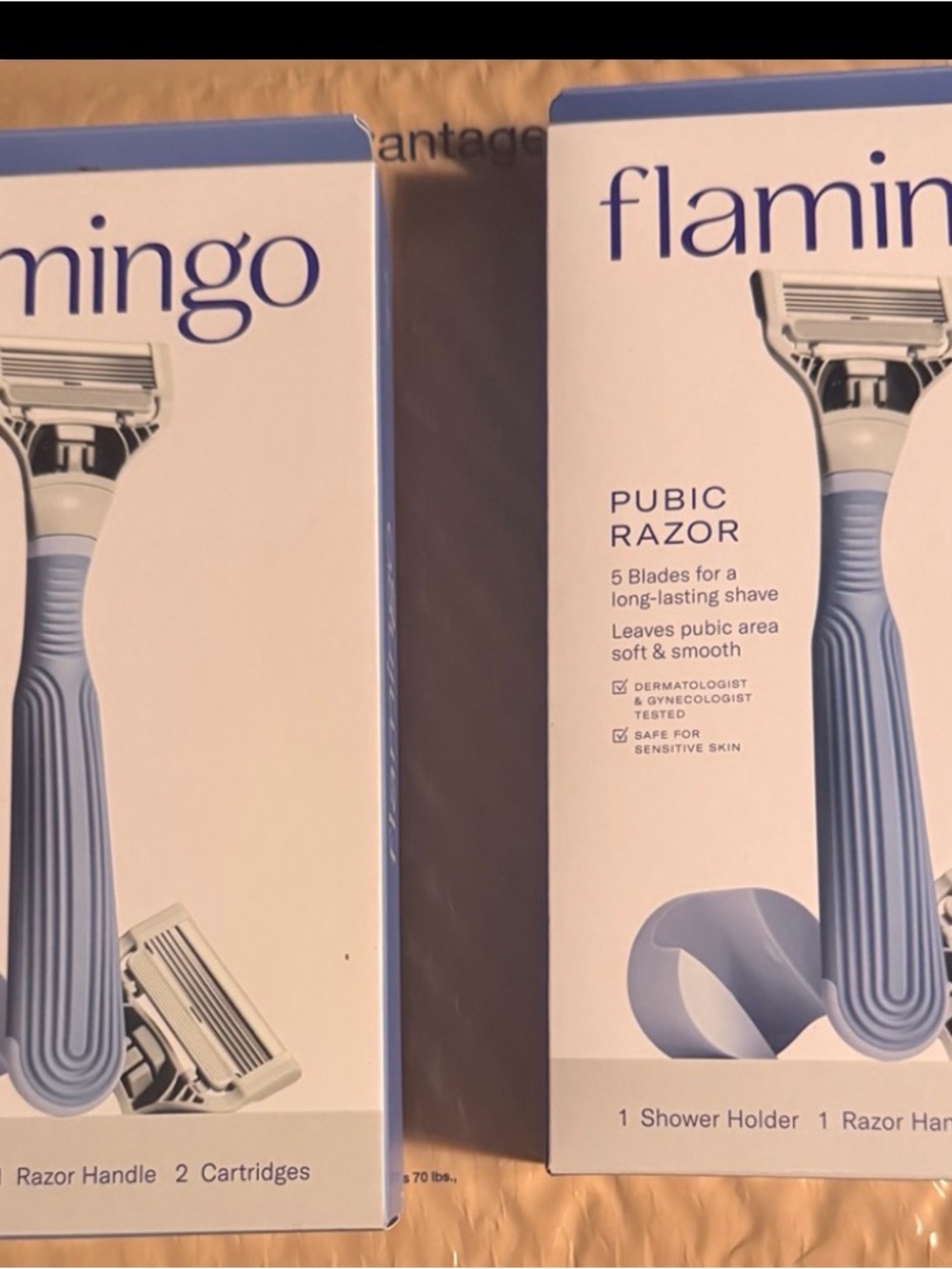 FLAMINGO WOMEN'S PUBIC RAZOR SET HANDLE, 2 CARTRIDGES, HOLDER Each Set X 2